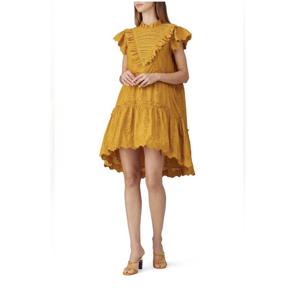 Sea New York  Lea Dress 0 Yellow Eyelet Crochet  Ruffle Tiered Boho Fall Cottage